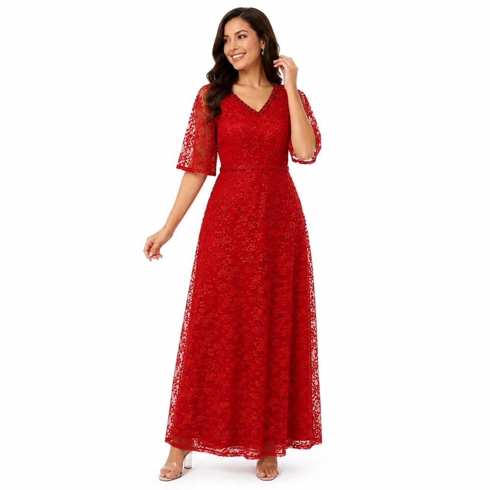 Womens Mother of the Bride Formal Evening Gown Medium Red Lace Dress Wedding